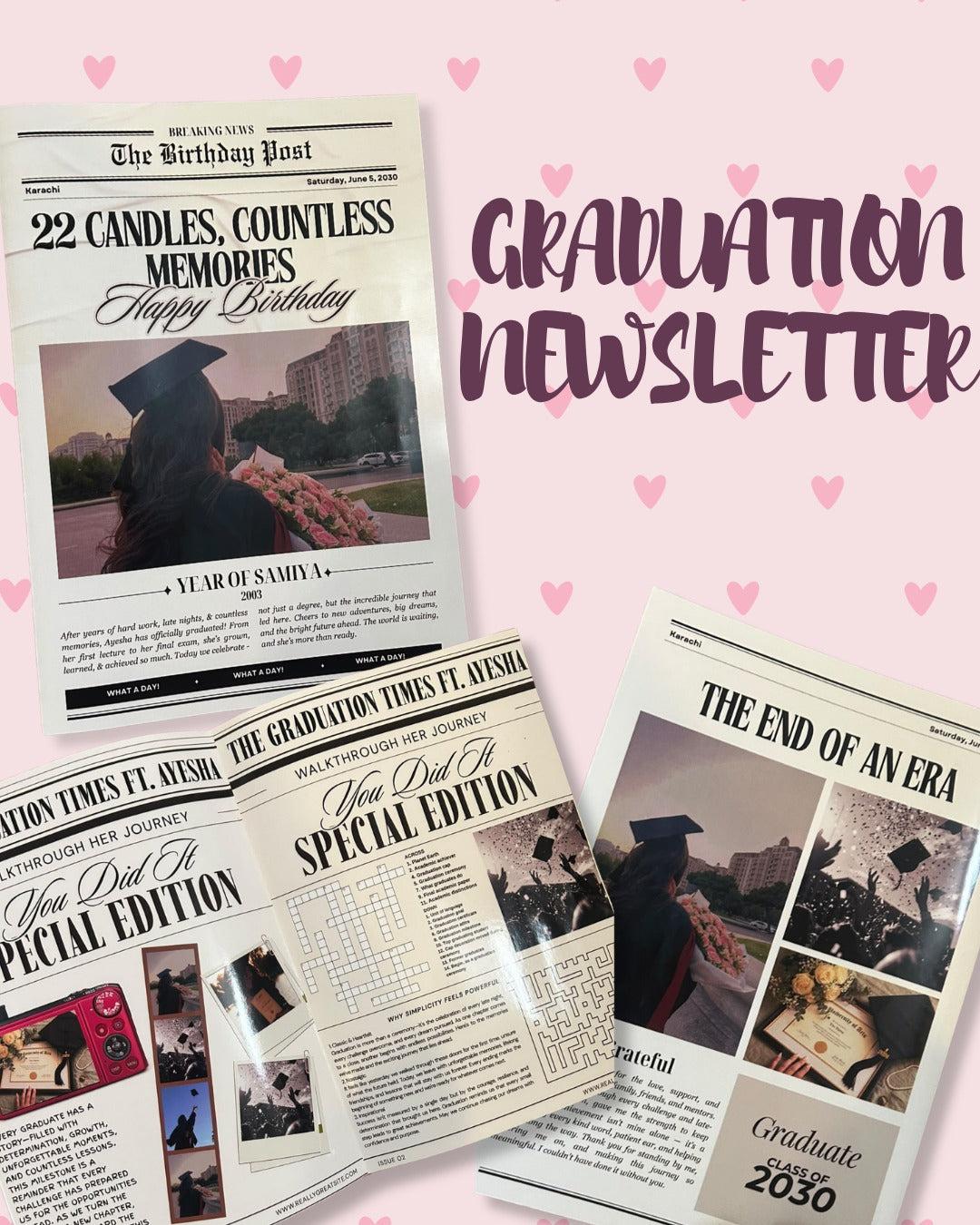 Customized graduation newsletter magazine with personalized graduation photos and newspaper-style pages