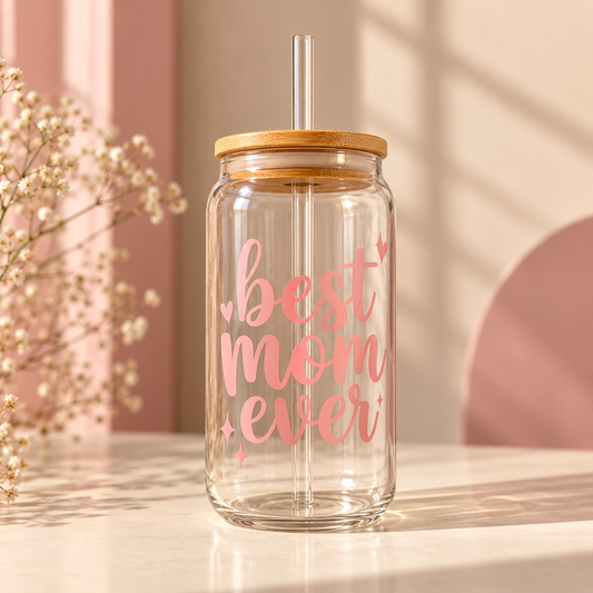 Customized glass tumbler with bamboo lid and Best Mom Ever design