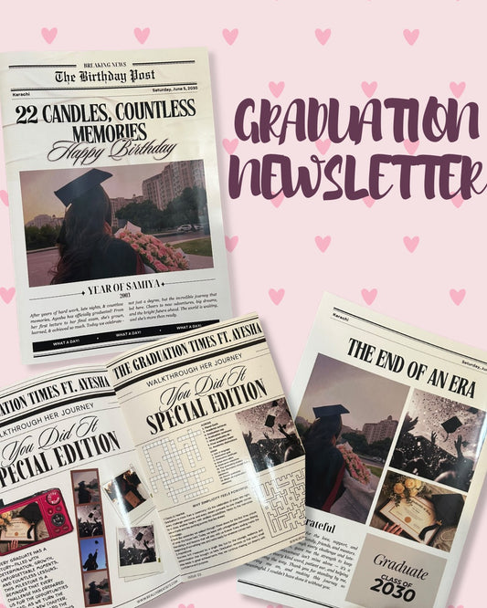 Customized graduation newsletter magazine with personalized graduation photos and newspaper-style pages