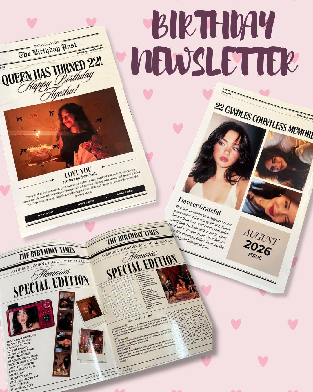 Personalized birthday newsletter with custom photos, birthday headlines and newspaper-style magazine pages